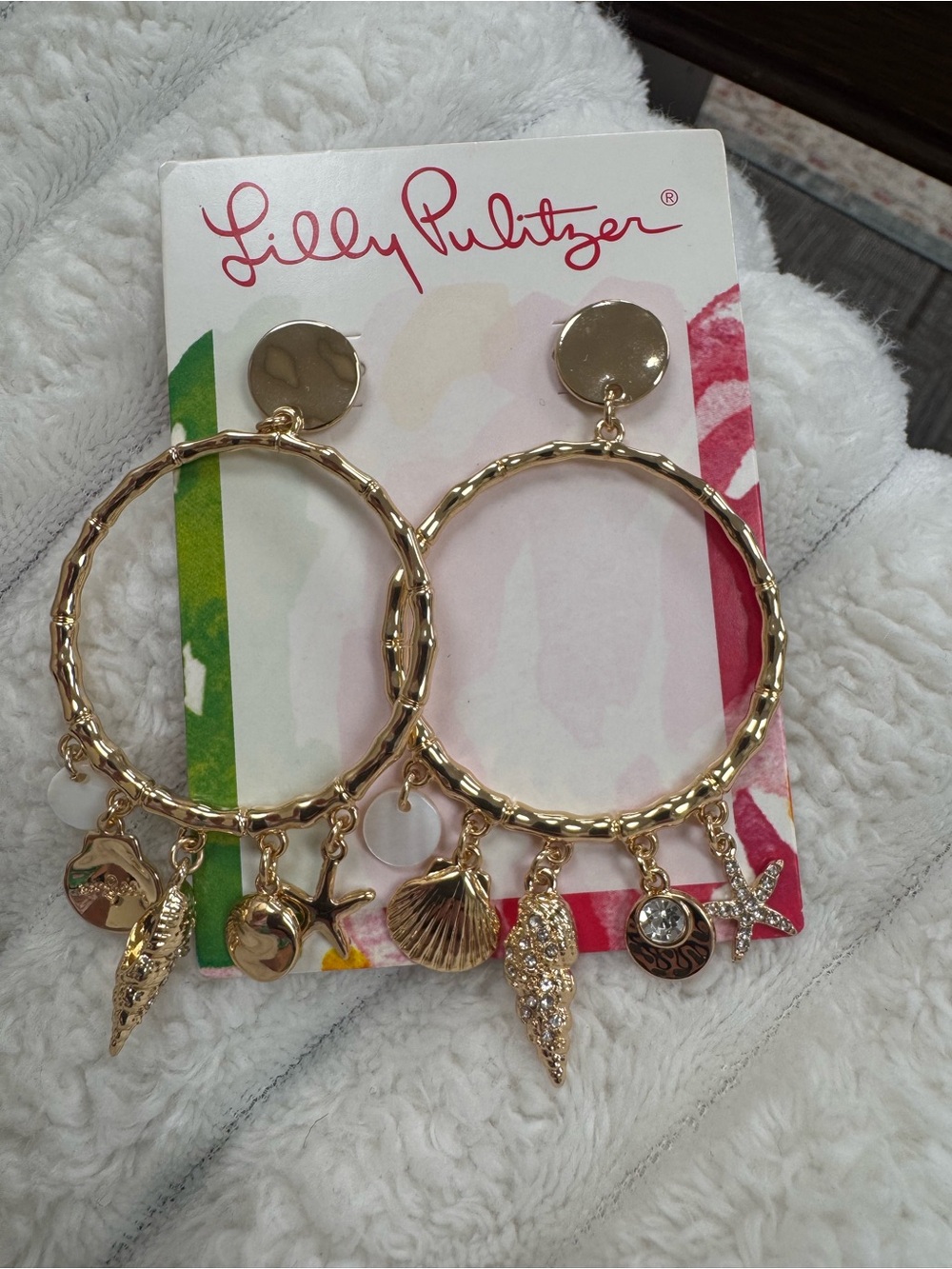 Lilly Pulitzer Gold Sea Charm Hoop Earrings with Shells and Starfish